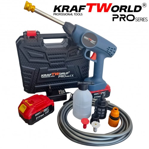 Акумулаторна Водоструйка KraftWorld с 2 Батерии Налягане 26 бара + Kонтейнер за Препарат и Аксесоари