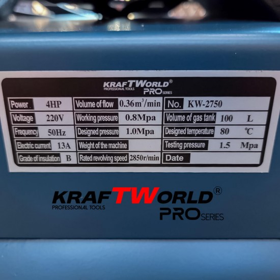 Професионален компресор за въздух KraftWorld Pro 100 литра, ремъчно задвижване