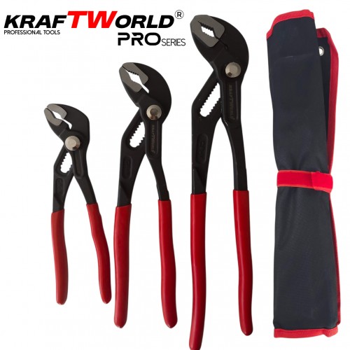 Комплект Водопроводни Клещи тип гарги Kraftworld pro – 3 части 175 мм, 250 мм, 300 мм с калъф
