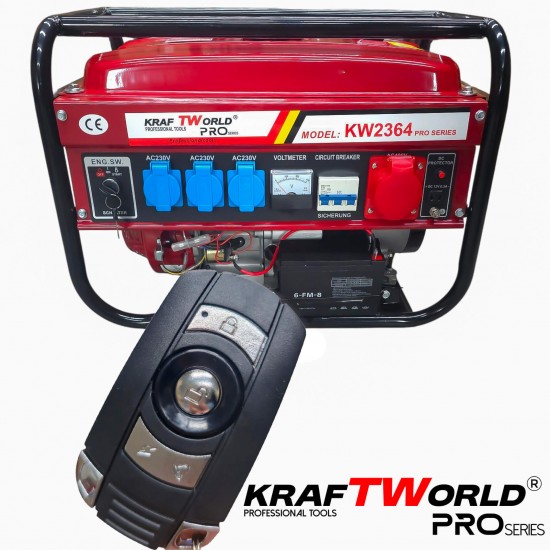 Четиритактов Бензинов генератор 4.5 kW с дистанционно запалване KraftWorld PRO Агрегат за ток с електрически старт и акумулатор