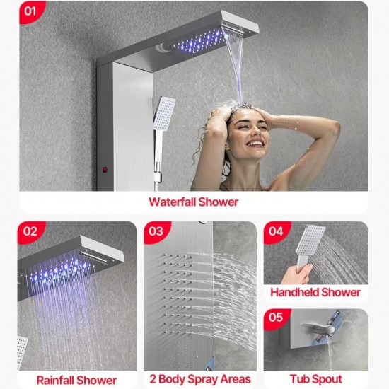 Душ панел с хидромасаж и LED, 5 в 1 с дъжд, водопад, хидромасаж и ръчен душ, неръждаема стомана
