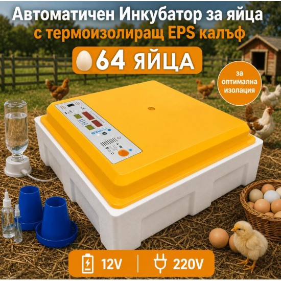 Термоизолиран инкубатор за кокоши, патешки, гъши и пъдпъдъчи яйца – 64 яйца
