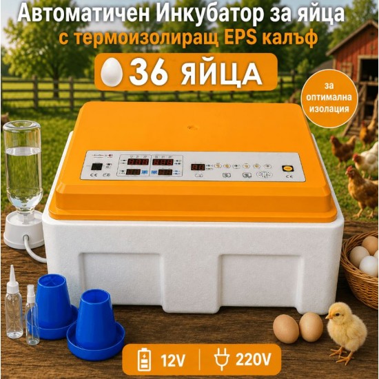 Инкубатор за 36 яйца с термоизолация и автоматично обръщане – 12V/220V